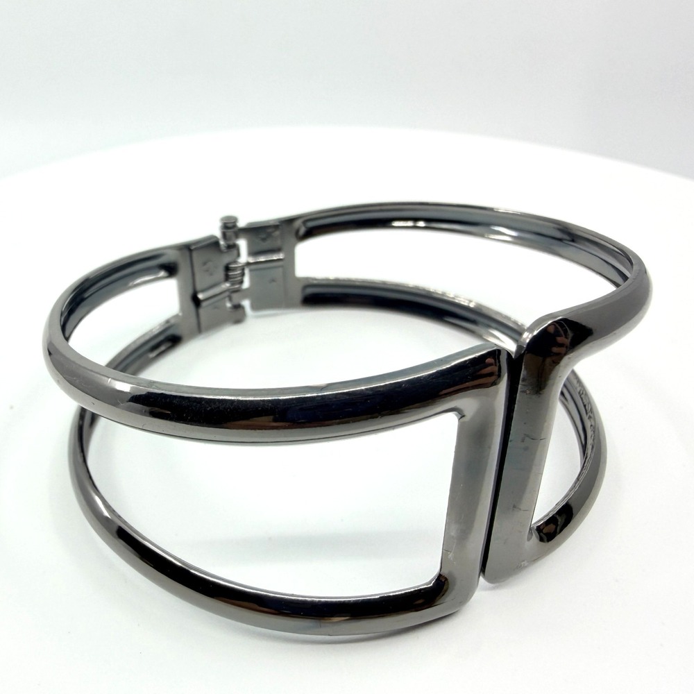 Y2K Gunmetal Cutout Bangle Bracelet Minimalist Wide Cuff Shiny Dark Gray